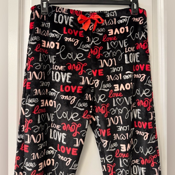 #1694 - Love Minky Fleece Lounge Sleep Pants Black Pink Red Drawstring - Picture 3 of 9